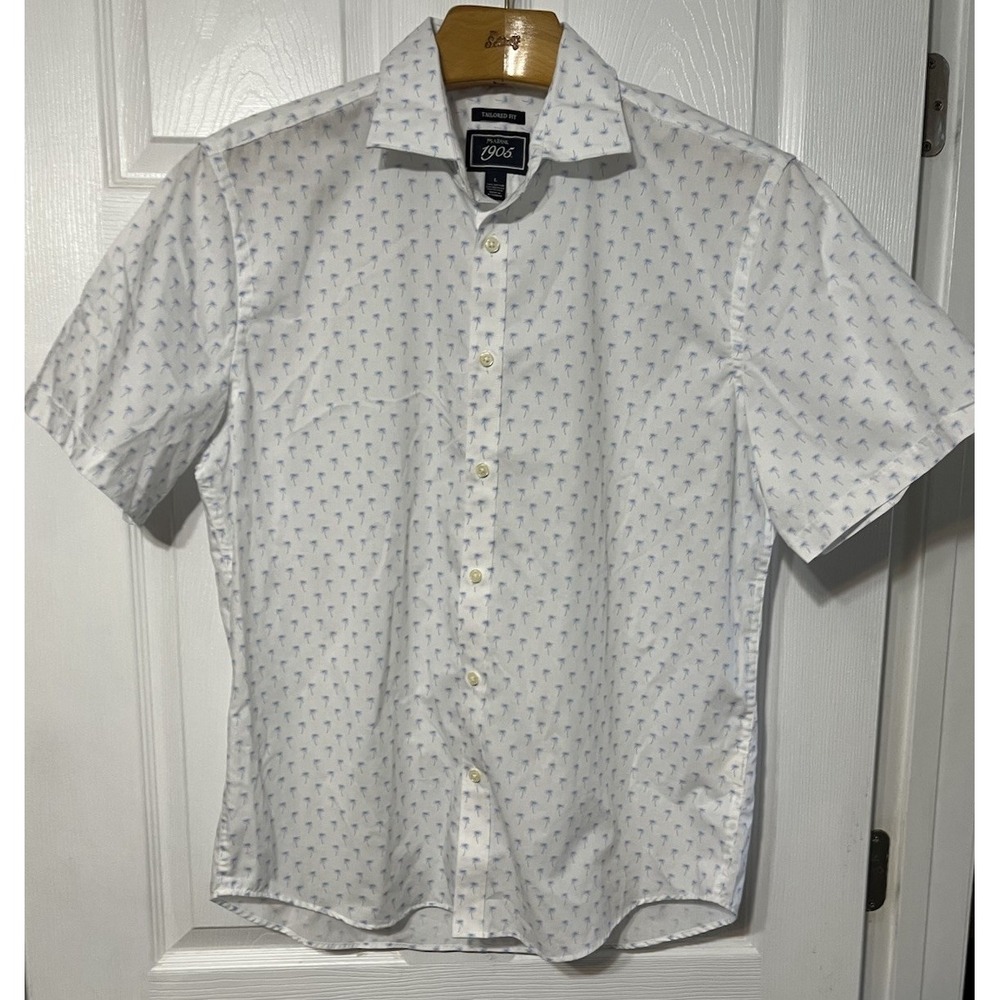 Jos A Bank 1905 Shirt Mens L White Tropical Hawaiian Tailored Fit Short Sleeve